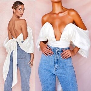 NWOT House of cb elisetta white satin plunge off shoulder bustier top sz S